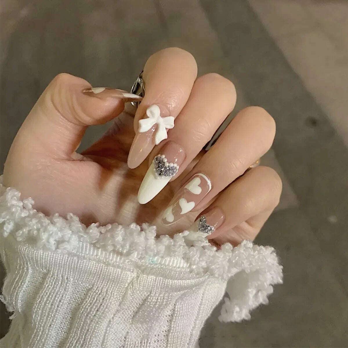 24Pcs/Set Nail Art Fake Nails with Diamonds Pink Silver Glitter Wearing Reusable False Nails Long Ballerina Press on Nail Tips - KIMLUD