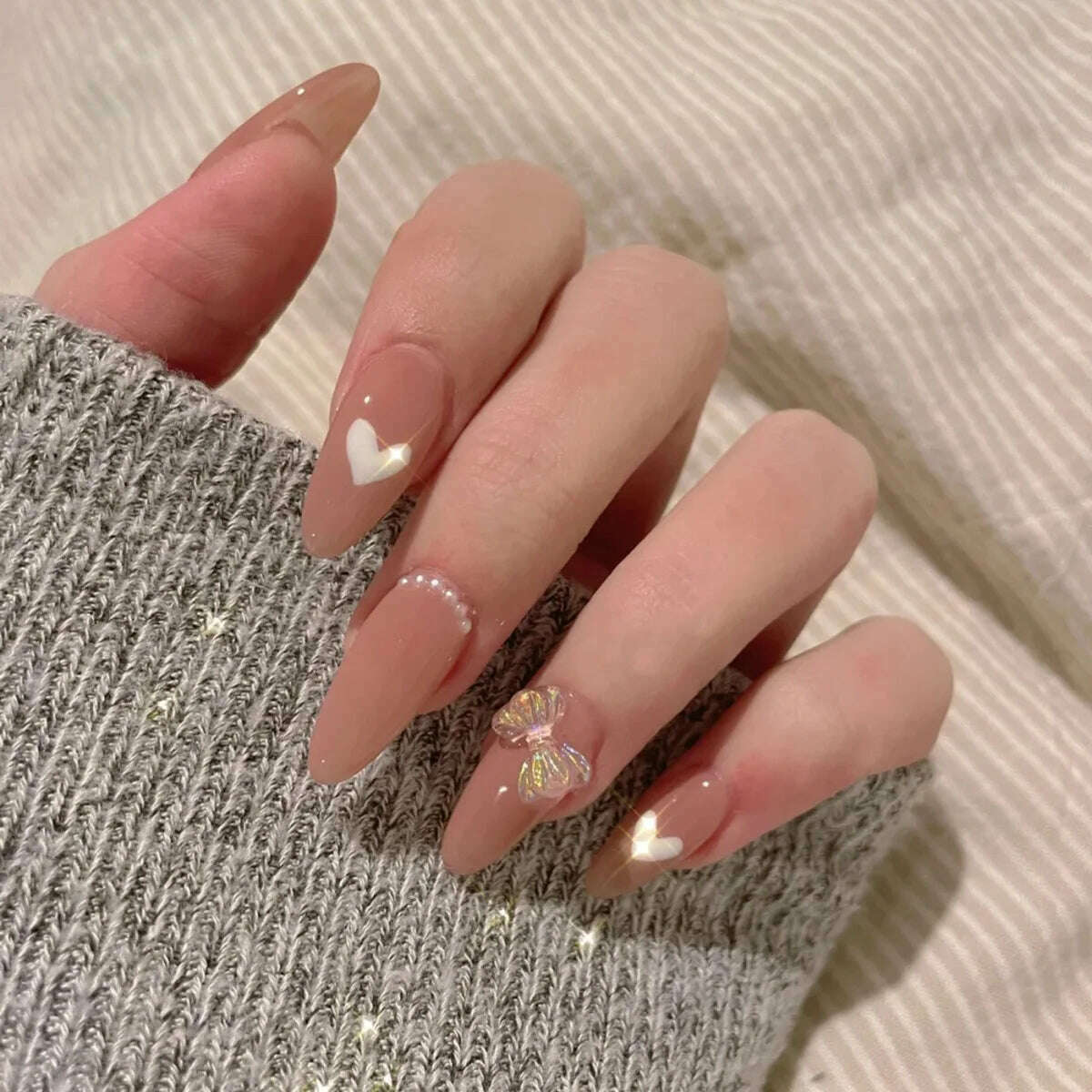 24Pcs/Set Nail Art Fake Nails with Diamonds Pink Silver Glitter Wearing Reusable False Nails Long Ballerina Press on Nail Tips - KIMLUD