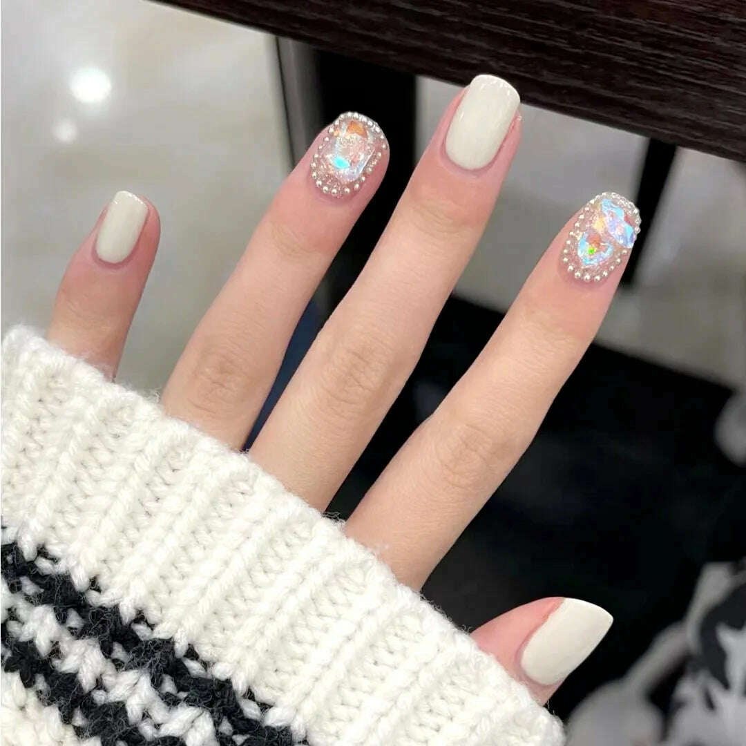 24Pcs/Set Nail Art Fake Nails with Diamonds Pink Silver Glitter Wearing Reusable False Nails Long Ballerina Press on Nail Tips - KIMLUD