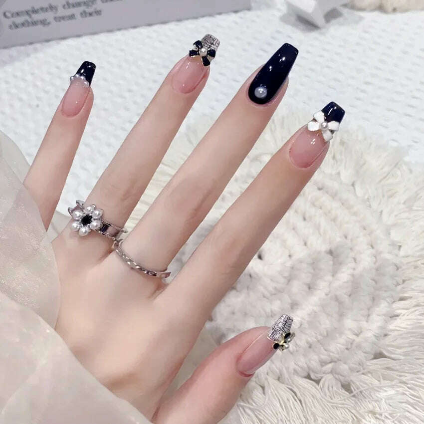 24Pcs/Set Nail Art Fake Nails with Diamonds Pink Silver Glitter Wearing Reusable False Nails Long Ballerina Press on Nail Tips - KIMLUD