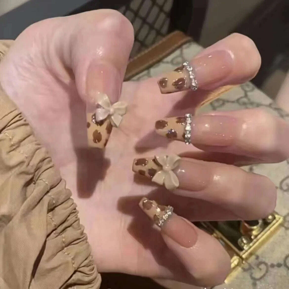 24Pcs/Set Nail Art Fake Nails with Diamonds Pink Silver Glitter Wearing Reusable False Nails Long Ballerina Press on Nail Tips - KIMLUD