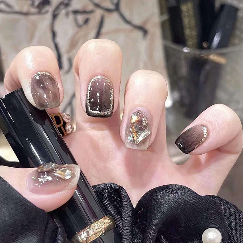 24Pcs/Set Nail Art Fake Nails with Diamonds Pink Silver Glitter Wearing Reusable False Nails Long Ballerina Press on Nail Tips - KIMLUD