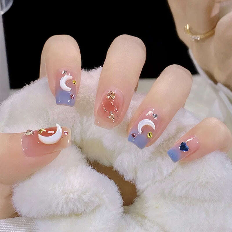 24Pcs/Set Nail Art Fake Nails with Diamonds Pink Silver Glitter Wearing Reusable False Nails Long Ballerina Press on Nail Tips - KIMLUD