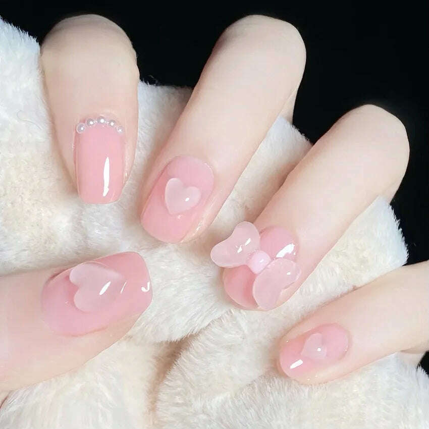 24Pcs/Set Nail Art Fake Nails with Diamonds Pink Silver Glitter Wearing Reusable False Nails Long Ballerina Press on Nail Tips - KIMLUD