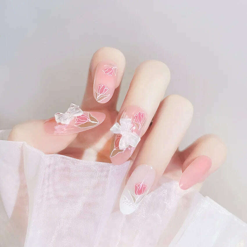 24Pcs/Set Nail Art Fake Nails with Diamonds Pink Silver Glitter Wearing Reusable False Nails Long Ballerina Press on Nail Tips - KIMLUD