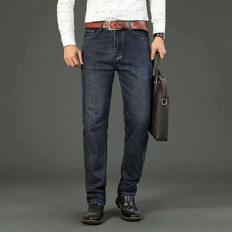 29-40 Men's Spring and Autumn Classics Pants, Straight Business Blue Black Jeans, Elastic Slim Fit Casual Work Pants - KIMLUD