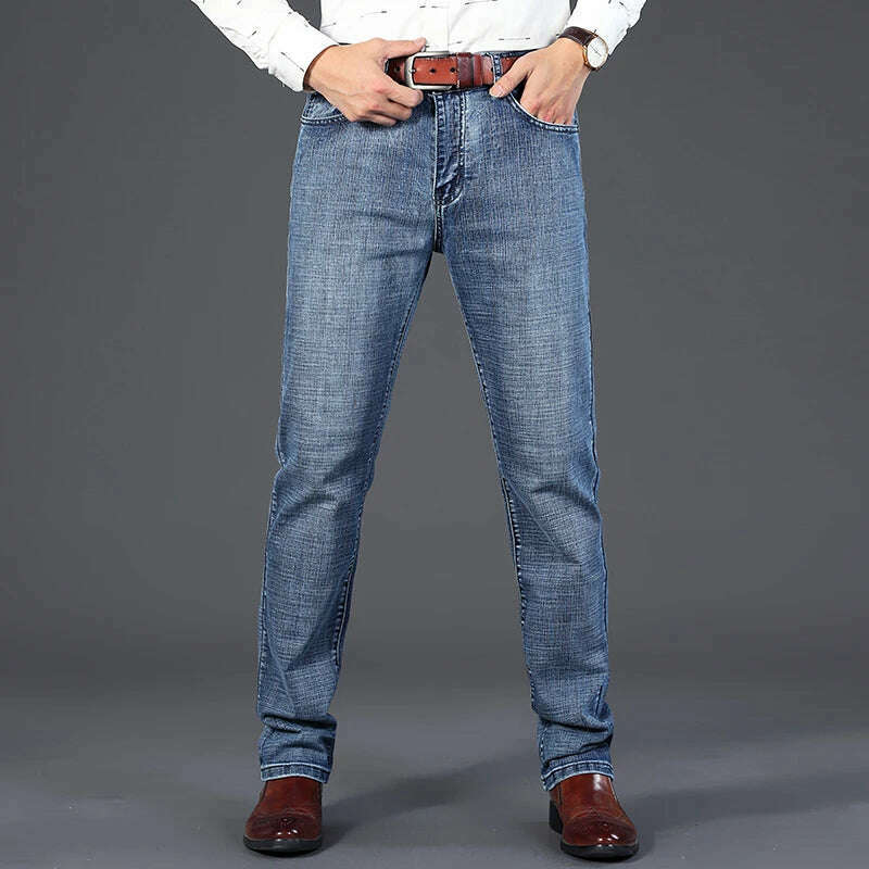 29-40 Men's Spring and Autumn Classics Pants, Straight Business Blue Black Jeans, Elastic Slim Fit Casual Work Pants - KIMLUD