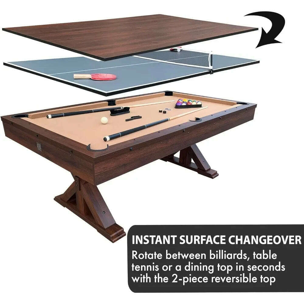 3 in 1 Multi Game Pool Table with Dining Top Pool Ping Pong Combo, 7 FT Includes Pool Table Accessories and Tennis - KIMLUD