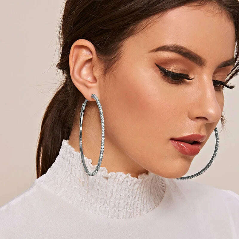 30-80mm Big Hoop Earrings For Women Girls Circle Crystal Rhinestone Earrings Black Gold Silver Color Round Earings Party Gift - KIMLUD