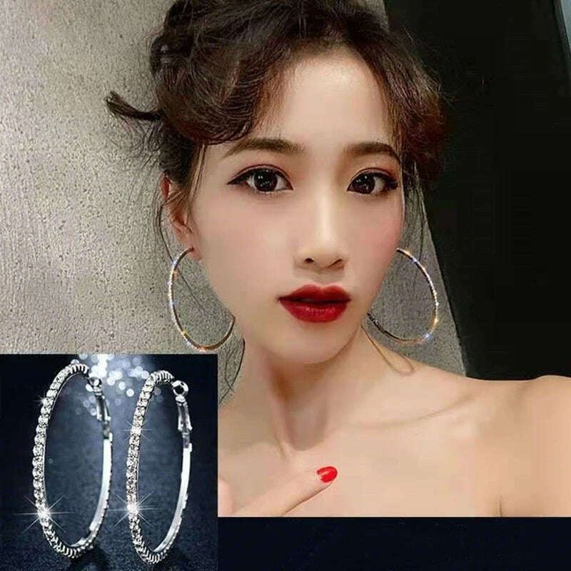30-80mm Big Hoop Earrings For Women Girls Circle Crystal Rhinestone Earrings Black Gold Silver Color Round Earings Party Gift - KIMLUD