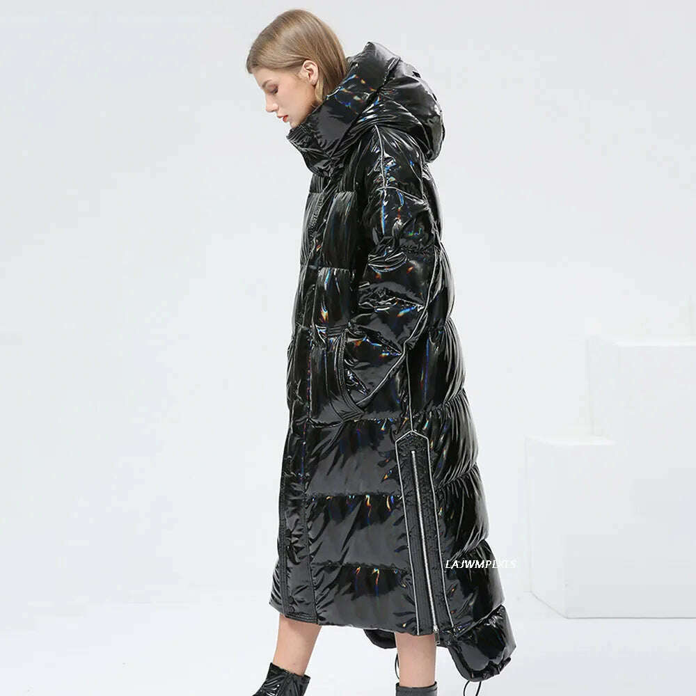 -30 degrees Waterproof Thick Winter Super Long Down Coat Women Puffer Jacket Shiny Laser 90% White Duck Down Jacket Hooded Parka - KIMLUD