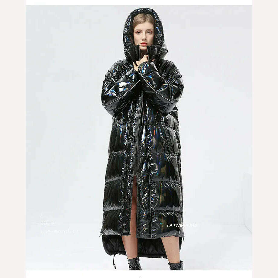 -30 degrees Waterproof Thick Winter Super Long Down Coat Women Puffer Jacket Shiny Laser 90% White Duck Down Jacket Hooded Parka - KIMLUD