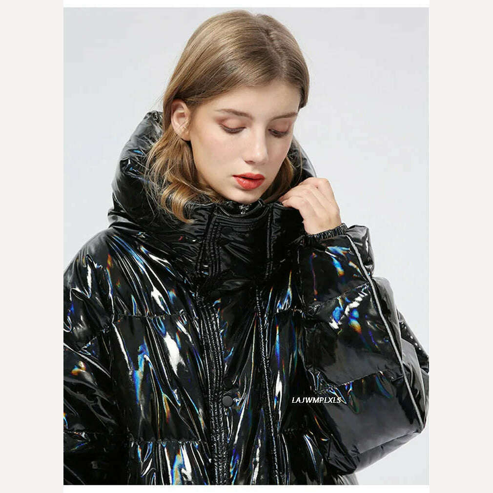 -30 degrees Waterproof Thick Winter Super Long Down Coat Women Puffer Jacket Shiny Laser 90% White Duck Down Jacket Hooded Parka - KIMLUD