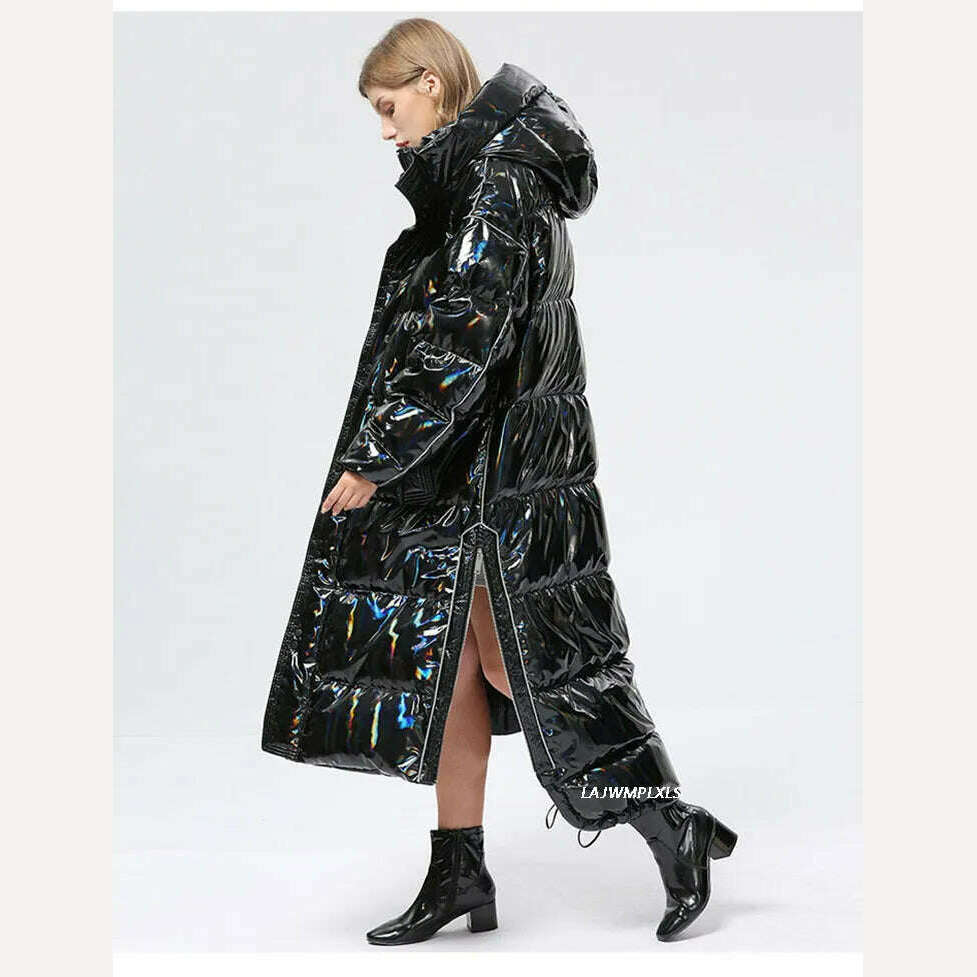 -30 degrees Waterproof Thick Winter Super Long Down Coat Women Puffer Jacket Shiny Laser 90% White Duck Down Jacket Hooded Parka - KIMLUD