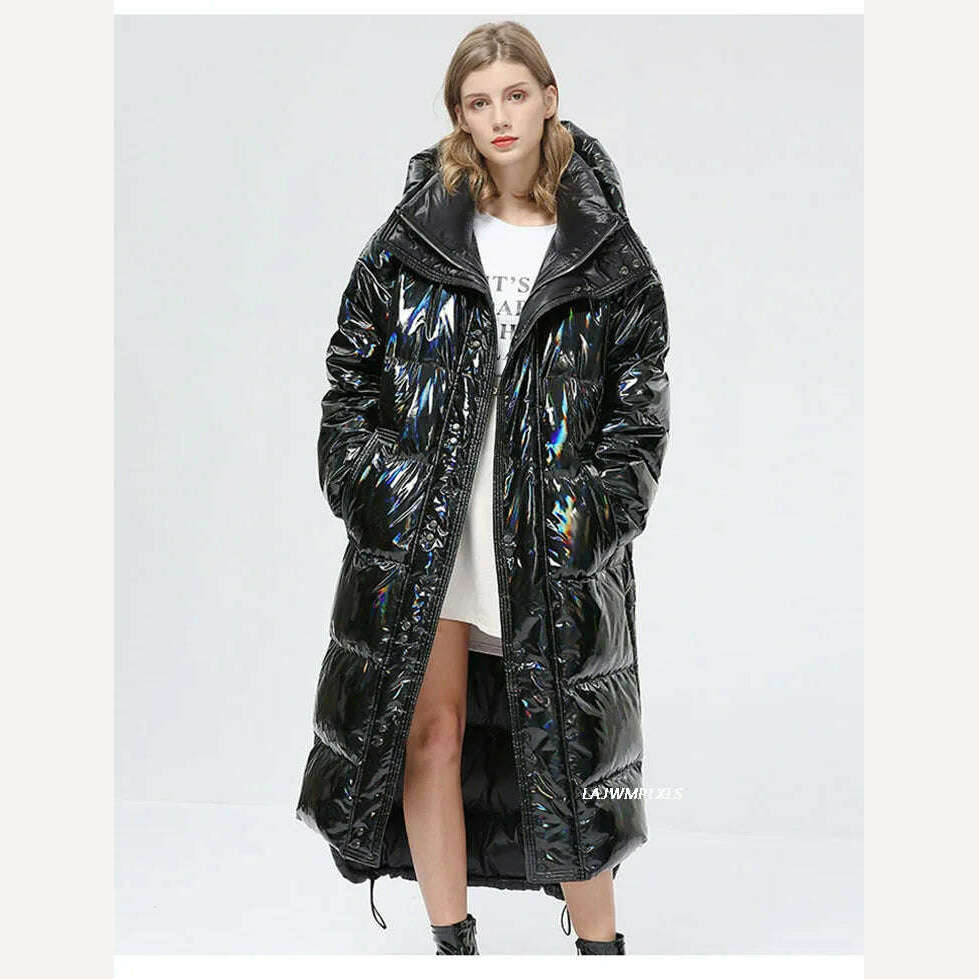-30 degrees Waterproof Thick Winter Super Long Down Coat Women Puffer Jacket Shiny Laser 90% White Duck Down Jacket Hooded Parka - KIMLUD