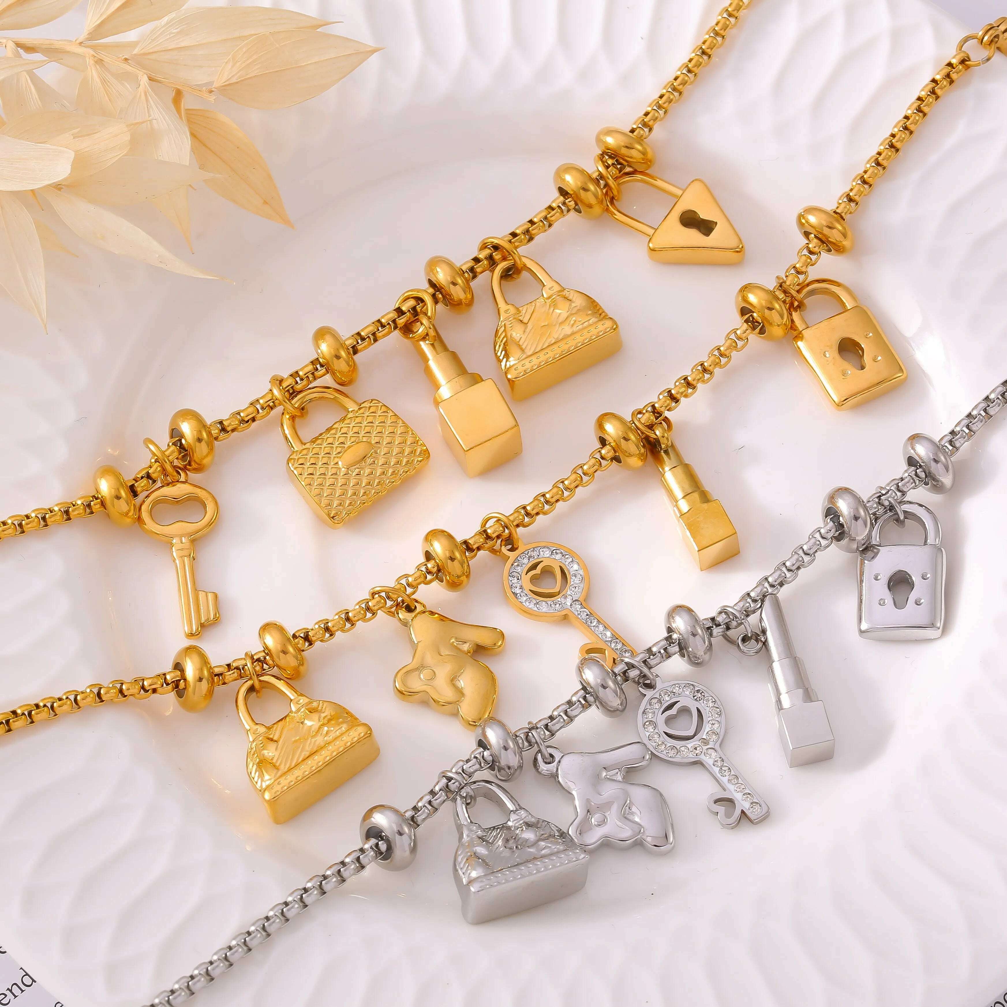 KIMLUD, 316L Stainless Steel Charm Bracelet For Women 18K Gold Plated Waterproof No Tarnish Women's Multiple Different Pendant Bracelets, KIMLUD Womens Clothes