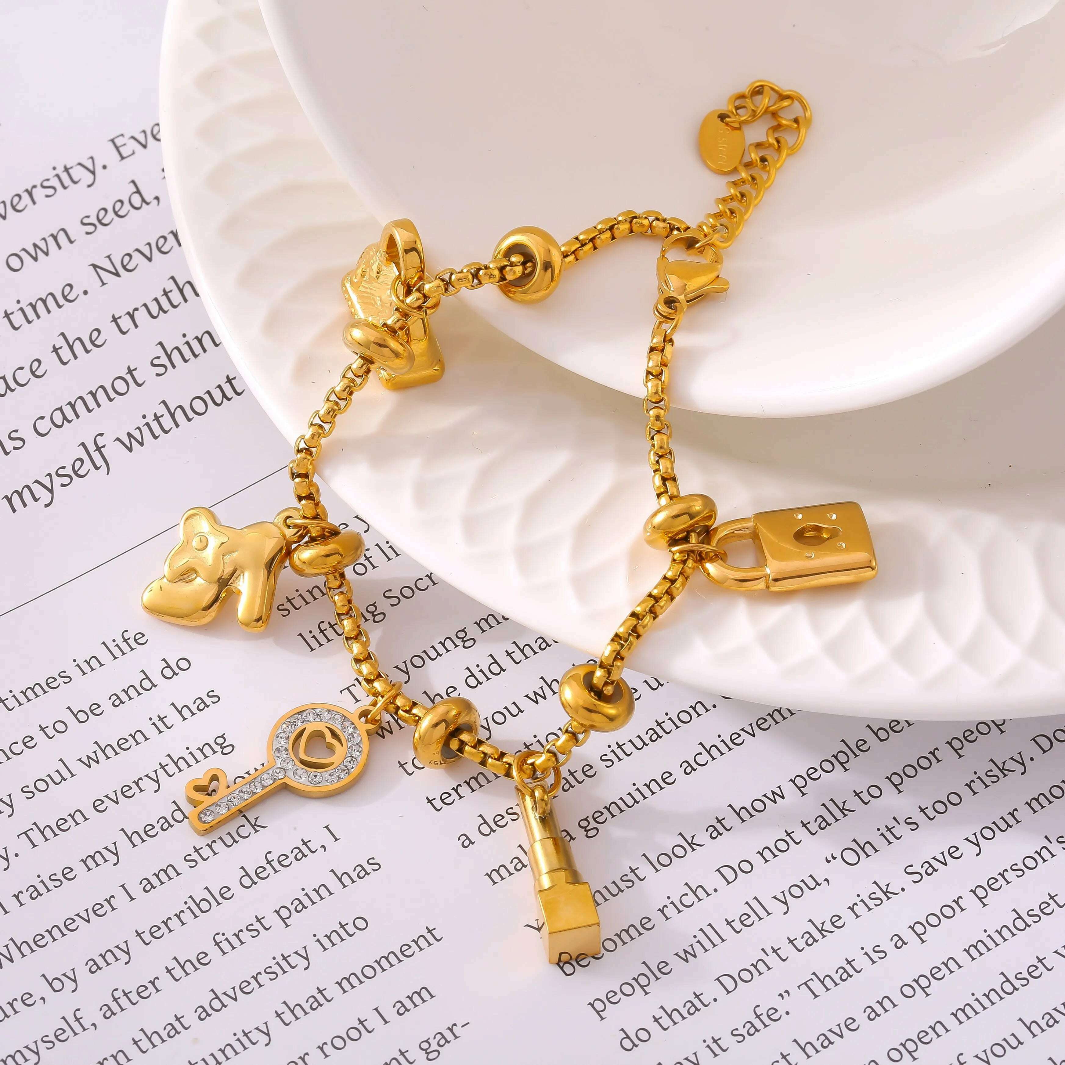 KIMLUD, 316L Stainless Steel Charm Bracelet For Women 18K Gold Plated Waterproof No Tarnish Women's Multiple Different Pendant Bracelets, KIMLUD Womens Clothes