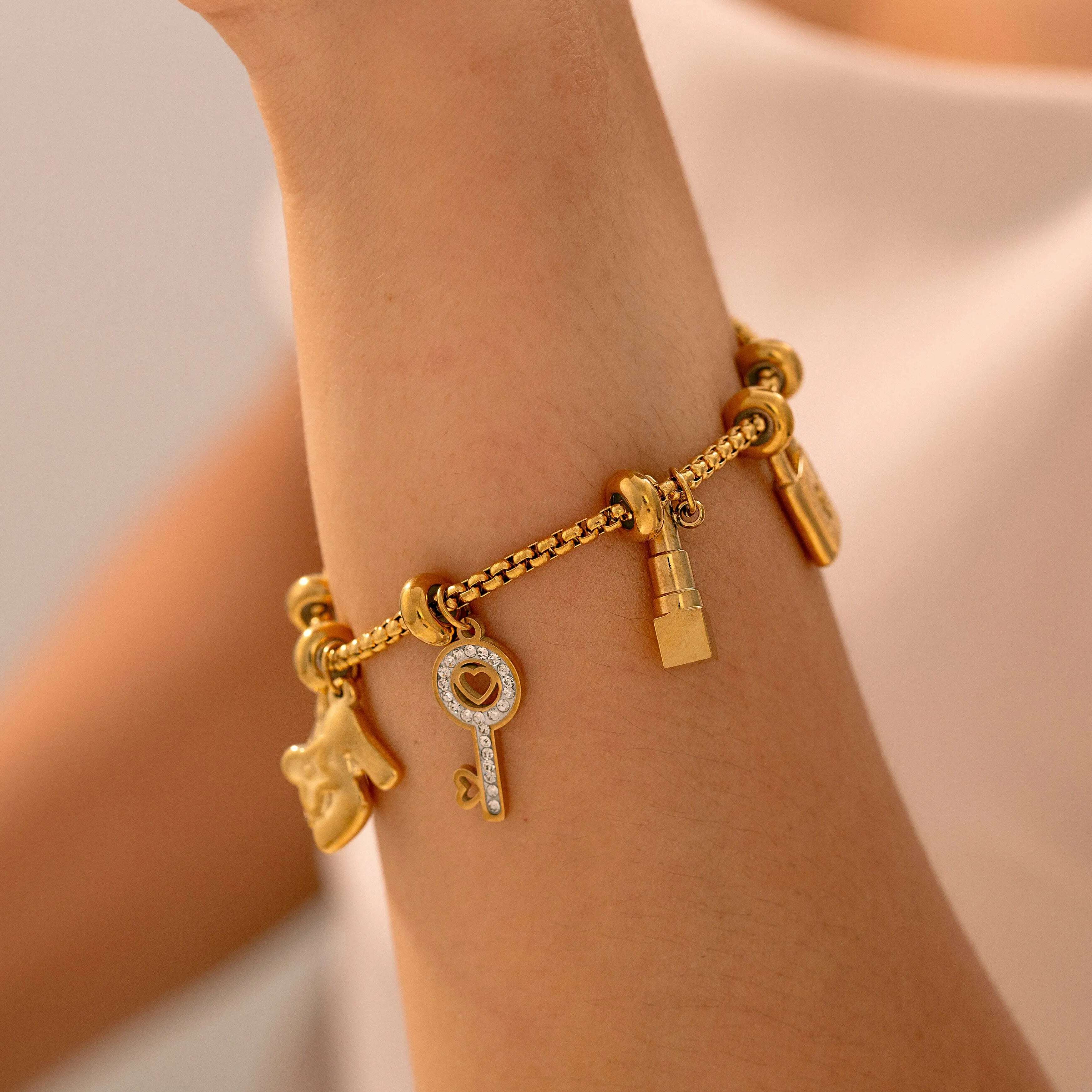 KIMLUD, 316L Stainless Steel Charm Bracelet For Women 18K Gold Plated Waterproof No Tarnish Women's Multiple Different Pendant Bracelets, KIMLUD Womens Clothes