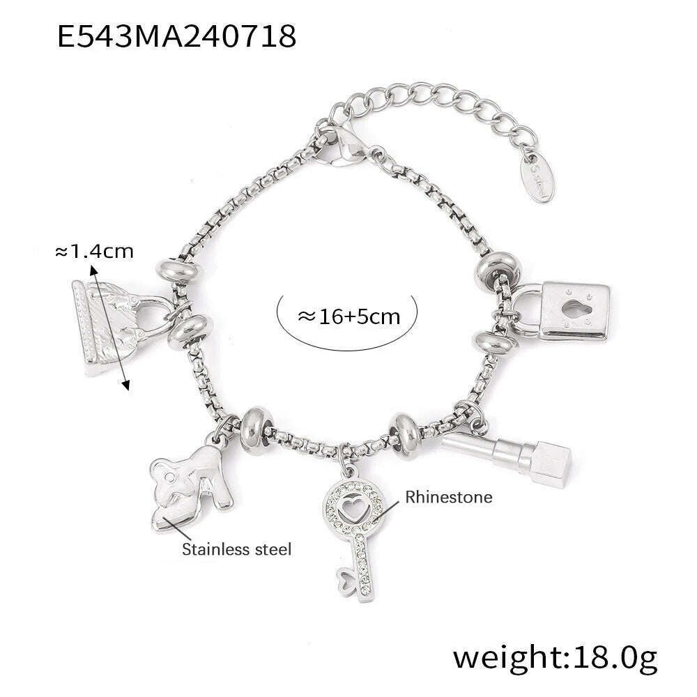 KIMLUD, 316L Stainless Steel Charm Bracelet For Women 18K Gold Plated Waterproof No Tarnish Women's Multiple Different Pendant Bracelets, E543-Silver, KIMLUD APPAREL - Womens Clothes