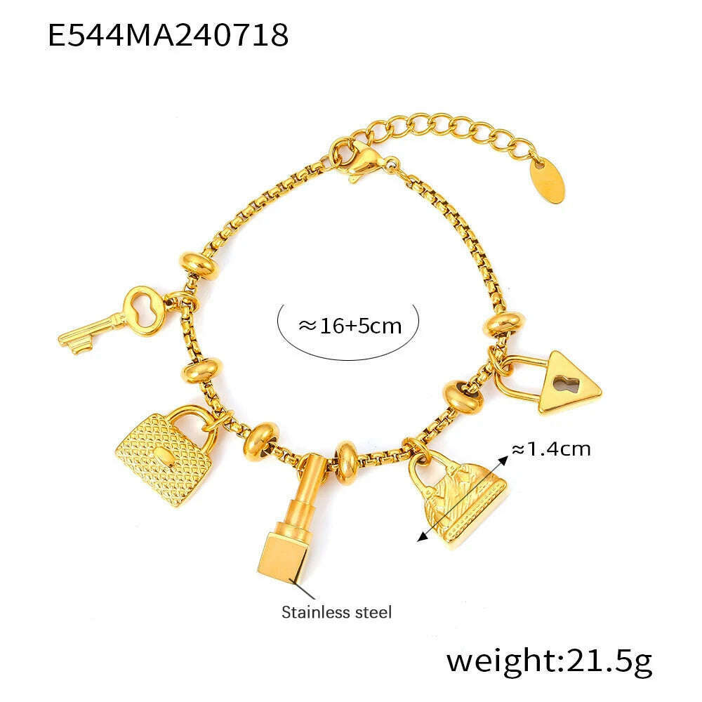 KIMLUD, 316L Stainless Steel Charm Bracelet For Women 18K Gold Plated Waterproof No Tarnish Women's Multiple Different Pendant Bracelets, E544-Gold, KIMLUD APPAREL - Womens Clothes