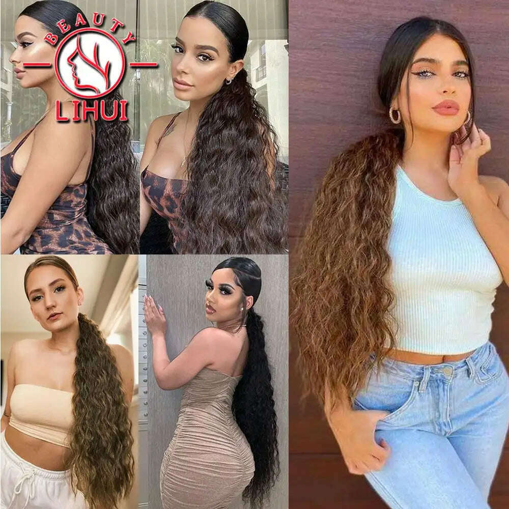 32 Inch Long Ponytail Hair Extension Corn Wavy Texture Synthetic Afro Kinky Curly Ponytail Women Hairpieces Wrap On Pony Tail - KIMLUD