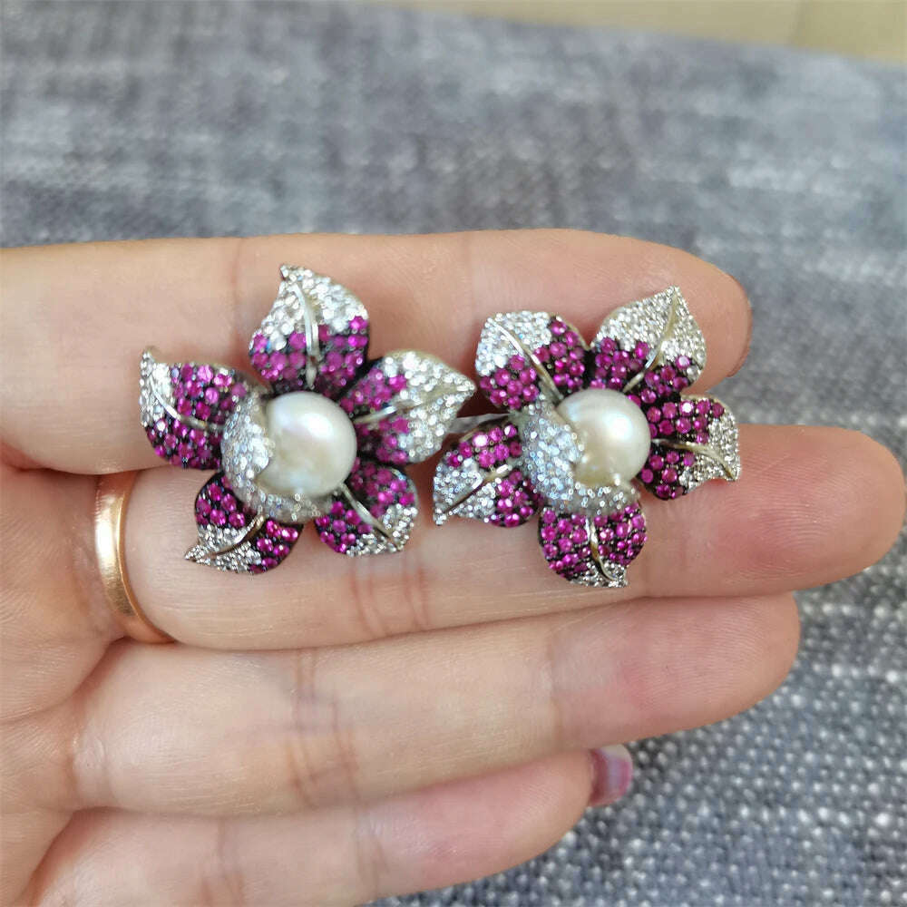 3rows 7-8mm white freshwater pearl necklace earrings set 45-50cm butterfly flower micro inlay zircon accessory - KIMLUD