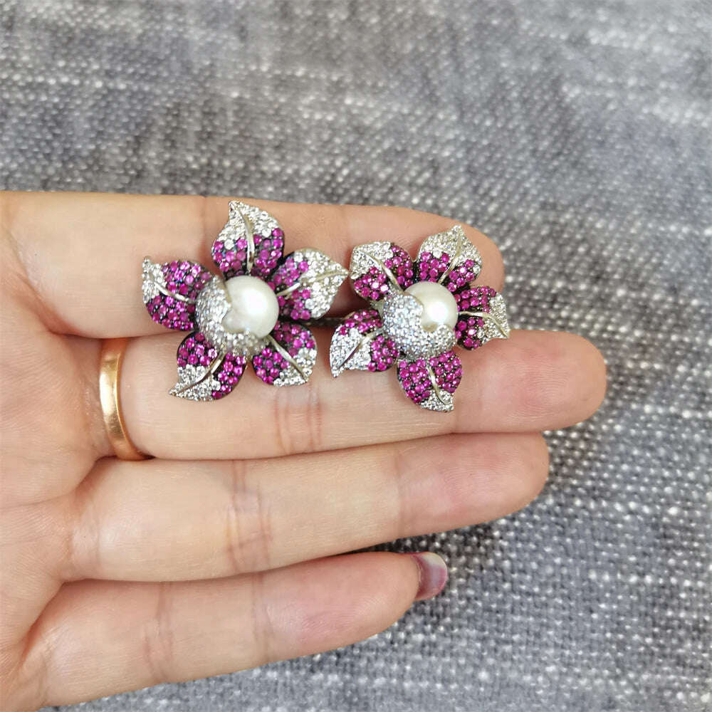 3rows 7-8mm white freshwater pearl necklace earrings set 45-50cm butterfly flower micro inlay zircon accessory - KIMLUD