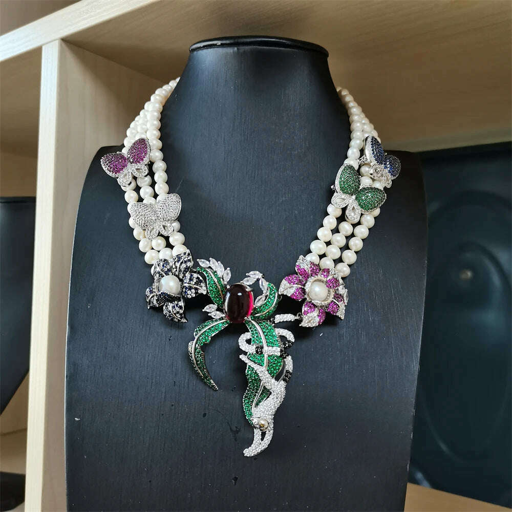 3rows 7-8mm white freshwater pearl necklace earrings set 45-50cm butterfly flower micro inlay zircon accessory - KIMLUD