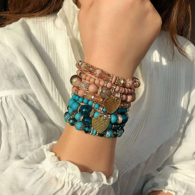 4pcs/set Boho Strand Bracelets For Women Crystal Beads Bracelets Heart Letter Elastic Bangles Wristband Yoga Jewelry Gifts - KIMLUD