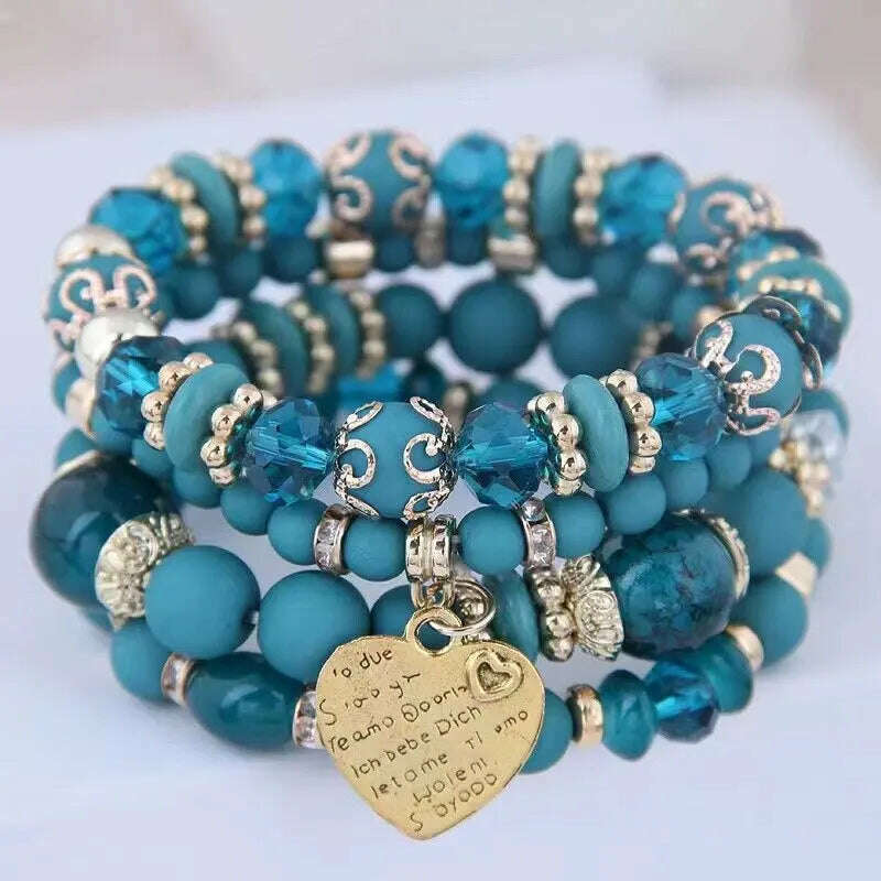 4pcs/set Boho Strand Bracelets For Women Crystal Beads Bracelets Heart Letter Elastic Bangles Wristband Yoga Jewelry Gifts - KIMLUD