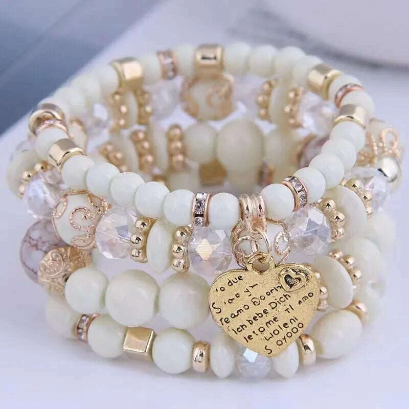 4pcs/set Boho Strand Bracelets For Women Crystal Beads Bracelets Heart Letter Elastic Bangles Wristband Yoga Jewelry Gifts - KIMLUD