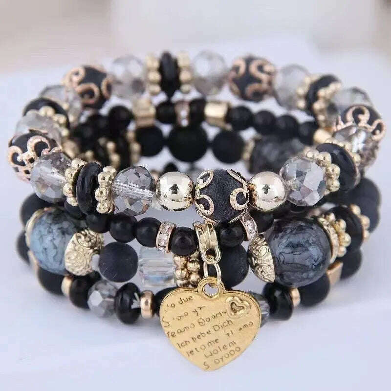 4pcs/set Boho Strand Bracelets For Women Crystal Beads Bracelets Heart Letter Elastic Bangles Wristband Yoga Jewelry Gifts - KIMLUD