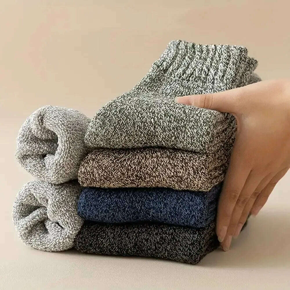 5 Pairs Men's Retro Solid Color Casual Wool Socks Winter Warm Mid Length Sock Ultra Thick Harajuku Men Antifreeze Cashmere Socks - KIMLUD