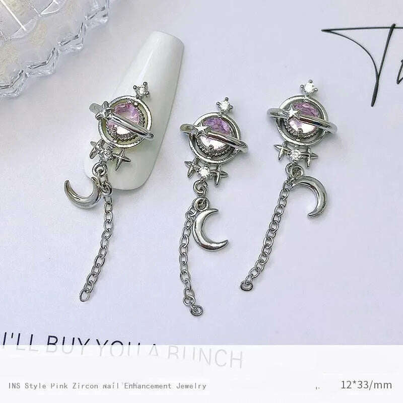 5pcs Pink Zircon Alloy Love Nail Art Charm 3D Bow Heart Moon Butterfly Planet Nail Decoration DIY Simple Design Nail Accessories - KIMLUD