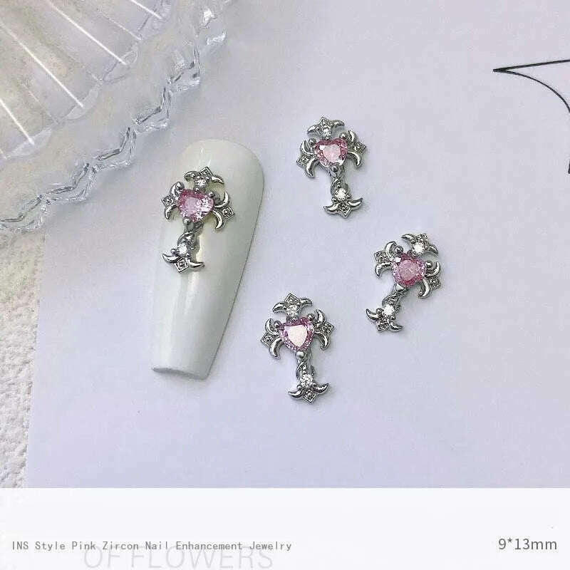 5pcs Pink Zircon Alloy Love Nail Art Charm 3D Bow Heart Moon Butterfly Planet Nail Decoration DIY Simple Design Nail Accessories - KIMLUD