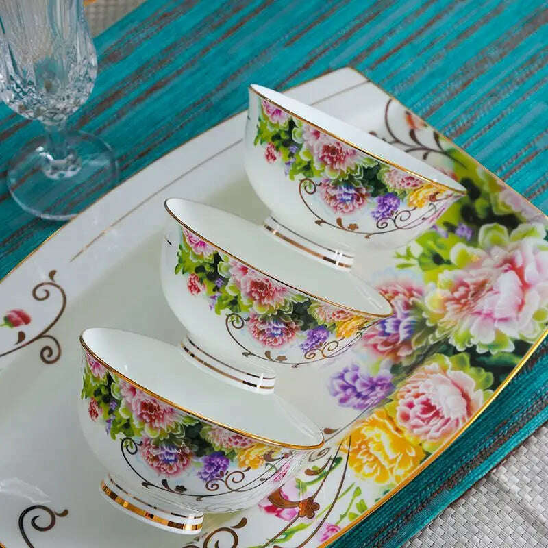 KIMLUD, 60 Piece European Pastoral Style Dinnerware Sets Bone China Tableware Sets Luxury Plates Dinner Set Food Bowl Chopsticks Spoons, KIMLUD Womens Clothes