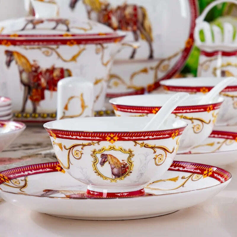 KIMLUD, 60 Piece Luxury European Style Dinnerware Sets Bone China Tableware Set Soup Bowl Spoons Ramen Plates Chopsticks Set Dinner Set, KIMLUD Womens Clothes