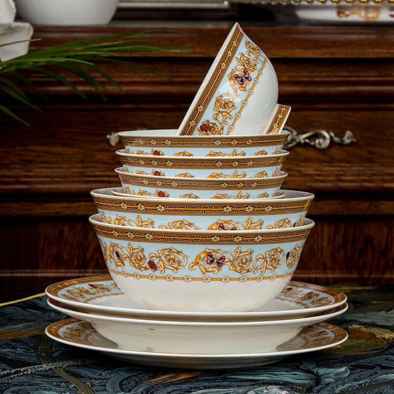 KIMLUD, 60 pieces British Dinnerware Sets Top-grade Bone China Tableware Sets Bowl Spoon Dinner Plate Set Kitchen Utensils Cutlery Set, KIMLUD Womens Clothes