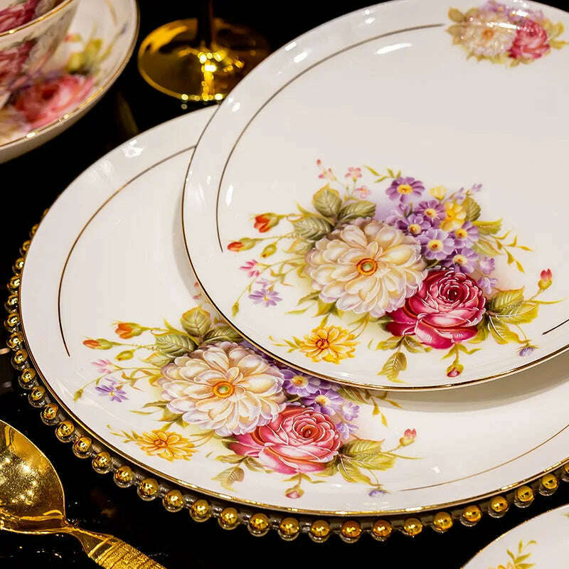 KIMLUD, 60pcs European Style Dinnerware Sets Luxury Bone China Tableware Sets Bowl Spoon Dinner Plate Set Kitchen Utensils Dinner Set, KIMLUD Womens Clothes