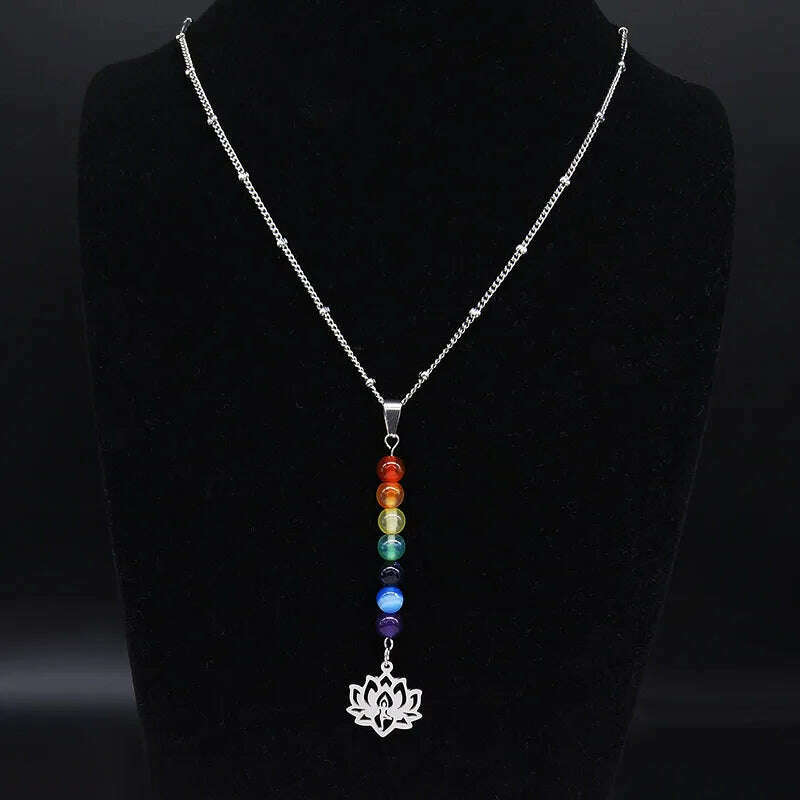 7 Chakra Lotus Flower of Life Stainless Steel Necklace Yoga Reiki Healing Spiritual Chain Necklace Jewelry collares N1955-2S02 - KIMLUD