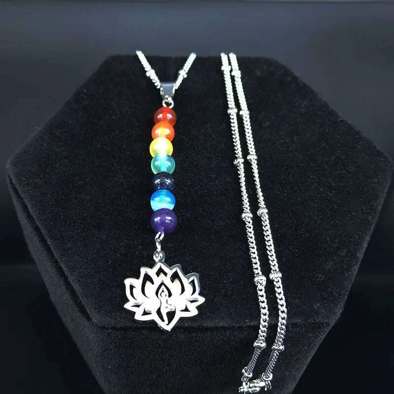 7 Chakra Lotus Flower of Life Stainless Steel Necklace Yoga Reiki Healing Spiritual Chain Necklace Jewelry collares N1955-2S02 - KIMLUD