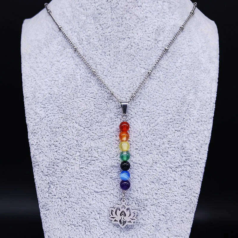 7 Chakra Lotus Flower of Life Stainless Steel Necklace Yoga Reiki Healing Spiritual Chain Necklace Jewelry collares N1955-2S02 - KIMLUD