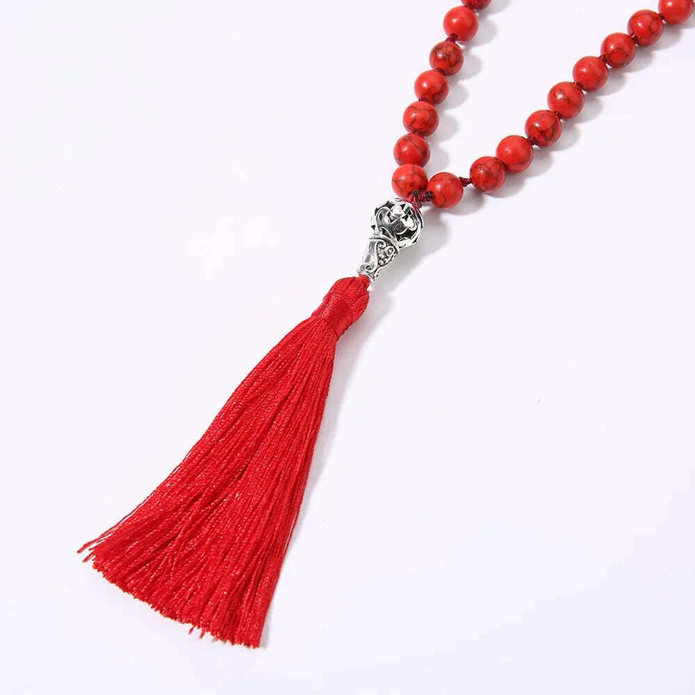KIMLUD, 8mm Red Turquoise Knotted 108 Mala Beaded Necklace Meditation Yoga Blessing Jewelry for Men and Women, KIMLUD Womens Clothes