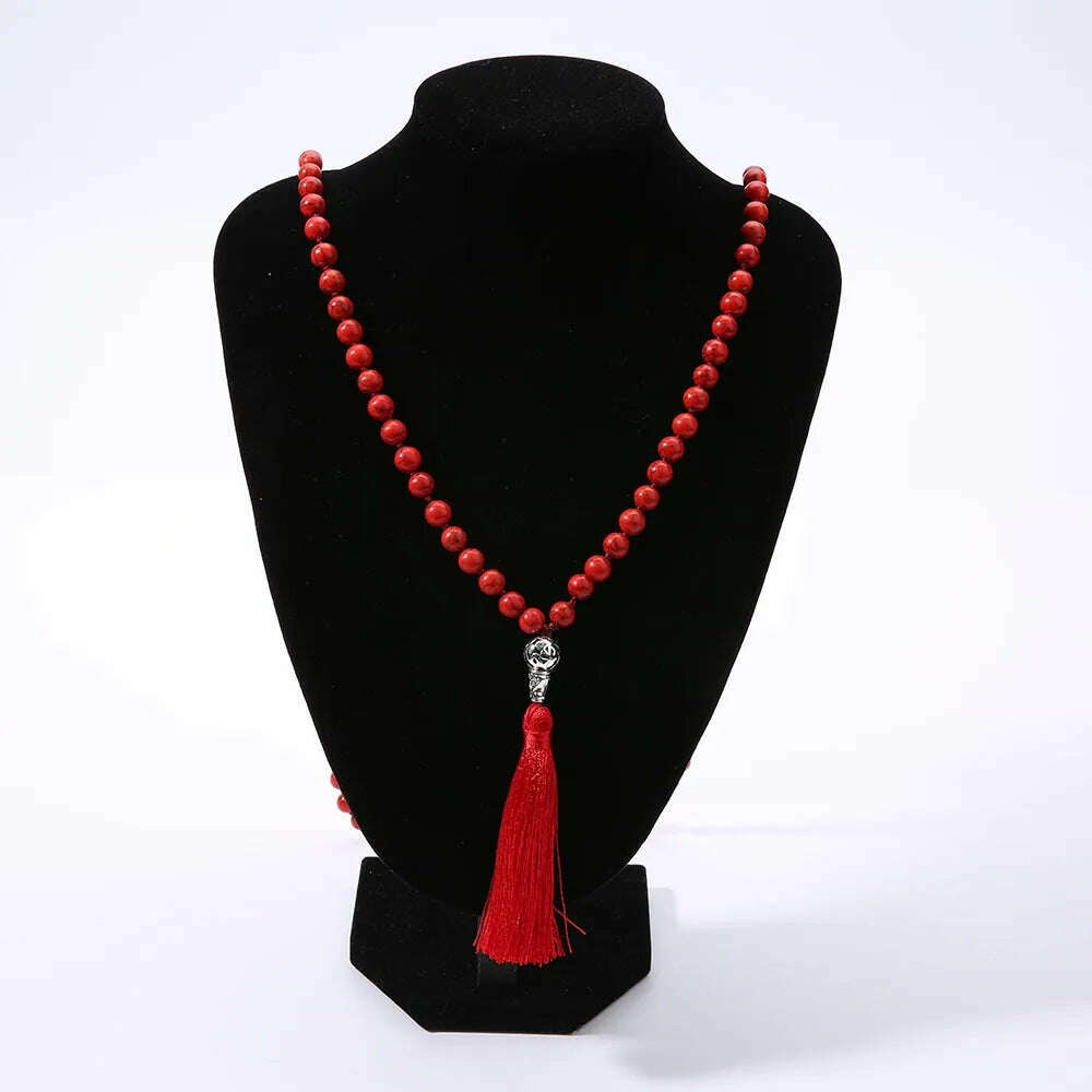 KIMLUD, 8mm Red Turquoise Knotted 108 Mala Beaded Necklace Meditation Yoga Blessing Jewelry for Men and Women, KIMLUD Womens Clothes