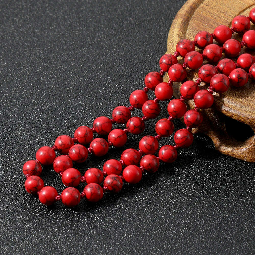 KIMLUD, 8mm Red Turquoise Knotted 108 Mala Beaded Necklace Meditation Yoga Blessing Jewelry for Men and Women, KIMLUD Womens Clothes