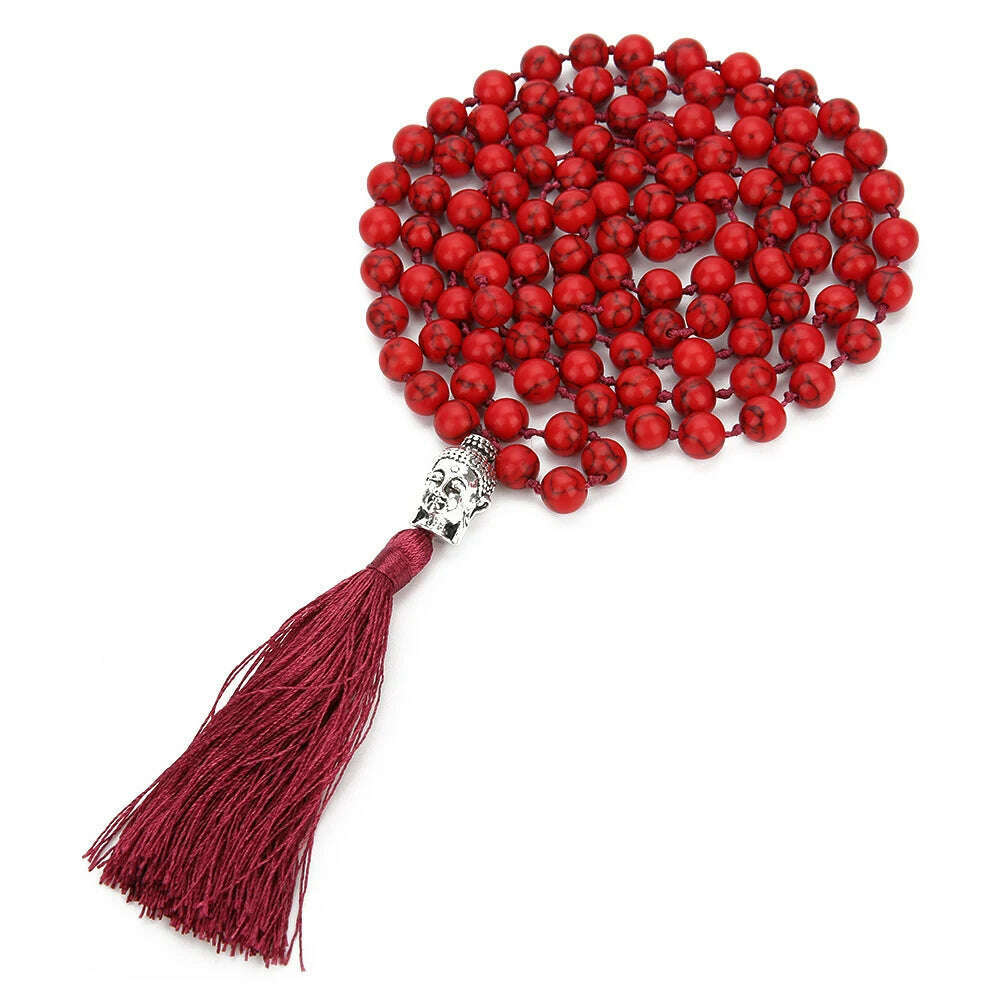 KIMLUD, 8mm Red Turquoise Knotted 108 Mala Beaded Necklace Meditation Yoga Blessing Jewelry for Men and Women, S-N0052-DFT-8MM, KIMLUD APPAREL - Womens Clothes