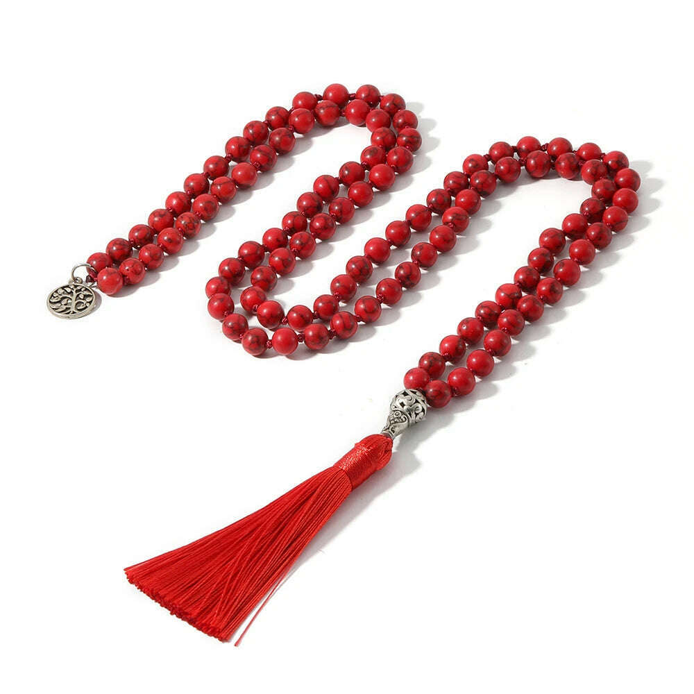 KIMLUD, 8mm Red Turquoise Knotted 108 Mala Beaded Necklace Meditation Yoga Blessing Jewelry for Men and Women, S-N0052-8MM-ST, KIMLUD APPAREL - Womens Clothes
