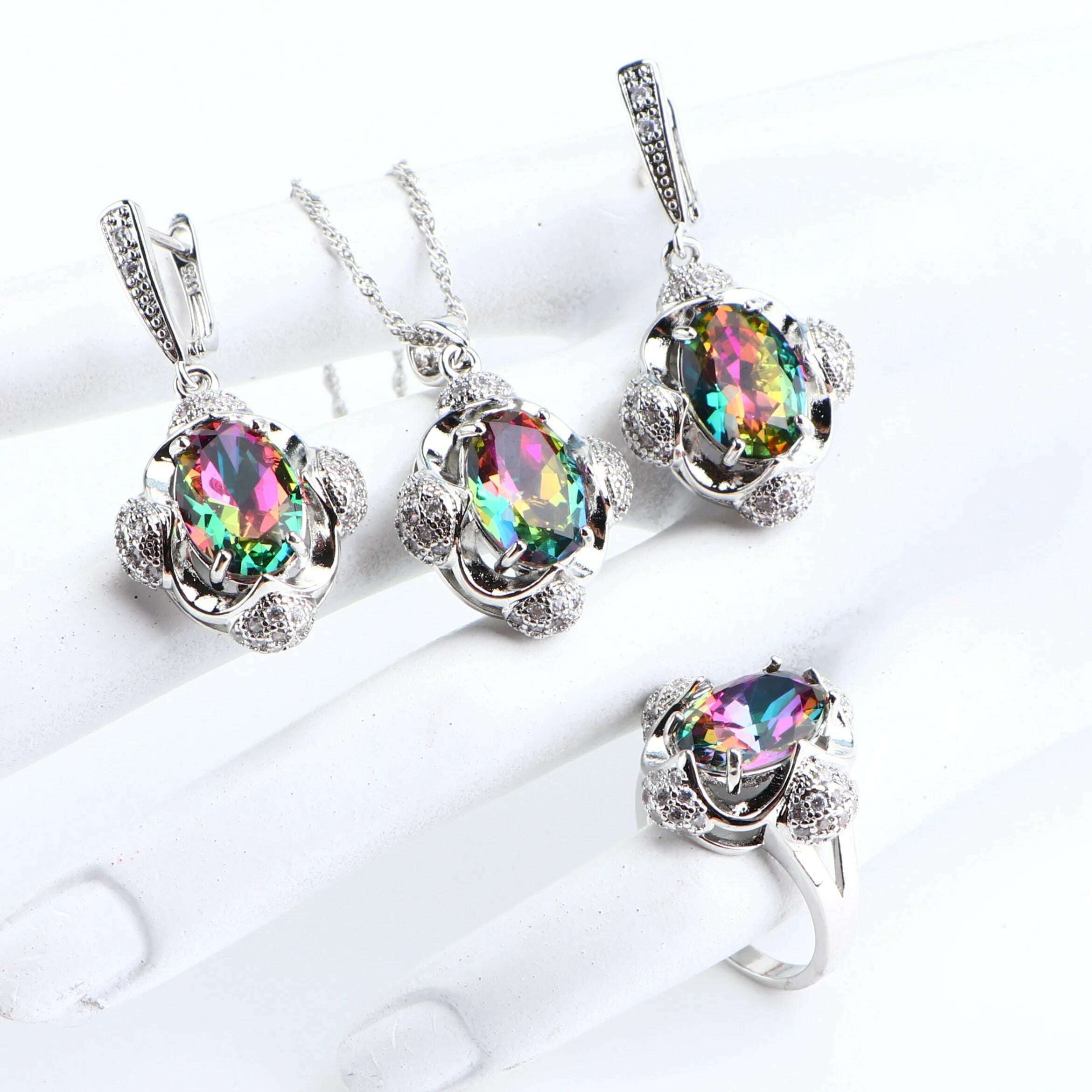 KIMLUD, 925 Silver Bridal Jewelry Sets For Women Magic Rainbow Wedding Jewelry Necklace Pendant Ring Earrings Bracelets Set Gifts Box, 3PCS / 7, KIMLUD APPAREL - Womens Clothes