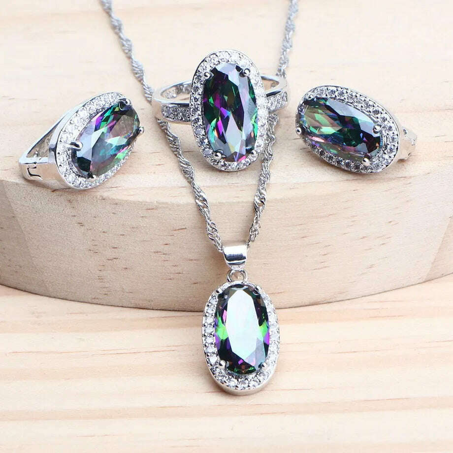 KIMLUD, 925 Silver Magic Rainbow CZ Jewelry Sets Women Bracelets Rings Natural Silver Earrings Wedding Jewelry Pendants Necklace Set, 3PCS / 8, KIMLUD APPAREL - Womens Clothes