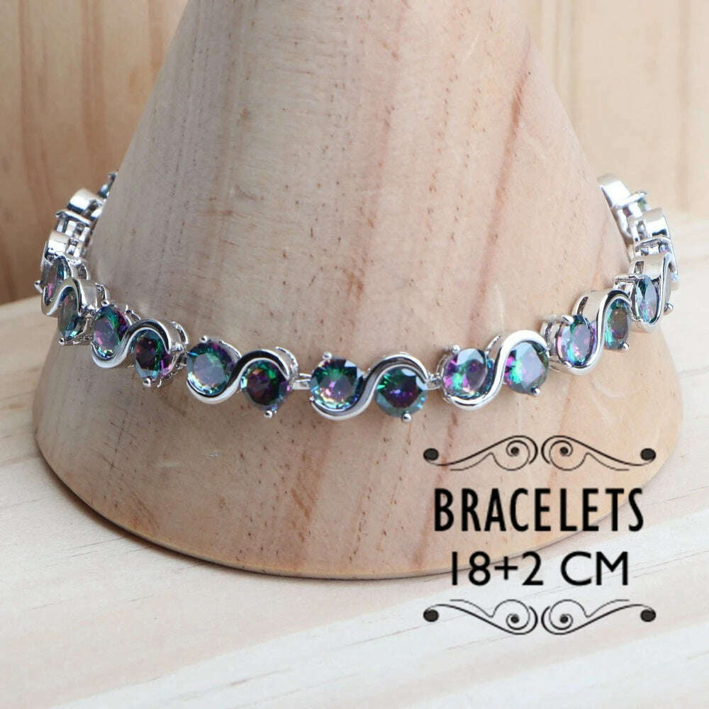 KIMLUD, 925 Sterling Silver Jewelry Sets Bridal Women Natural Magic Rainbow Zircon Earrings Ring Bracelets Pendant Wedding Necklace Set, KIMLUD Womens Clothes